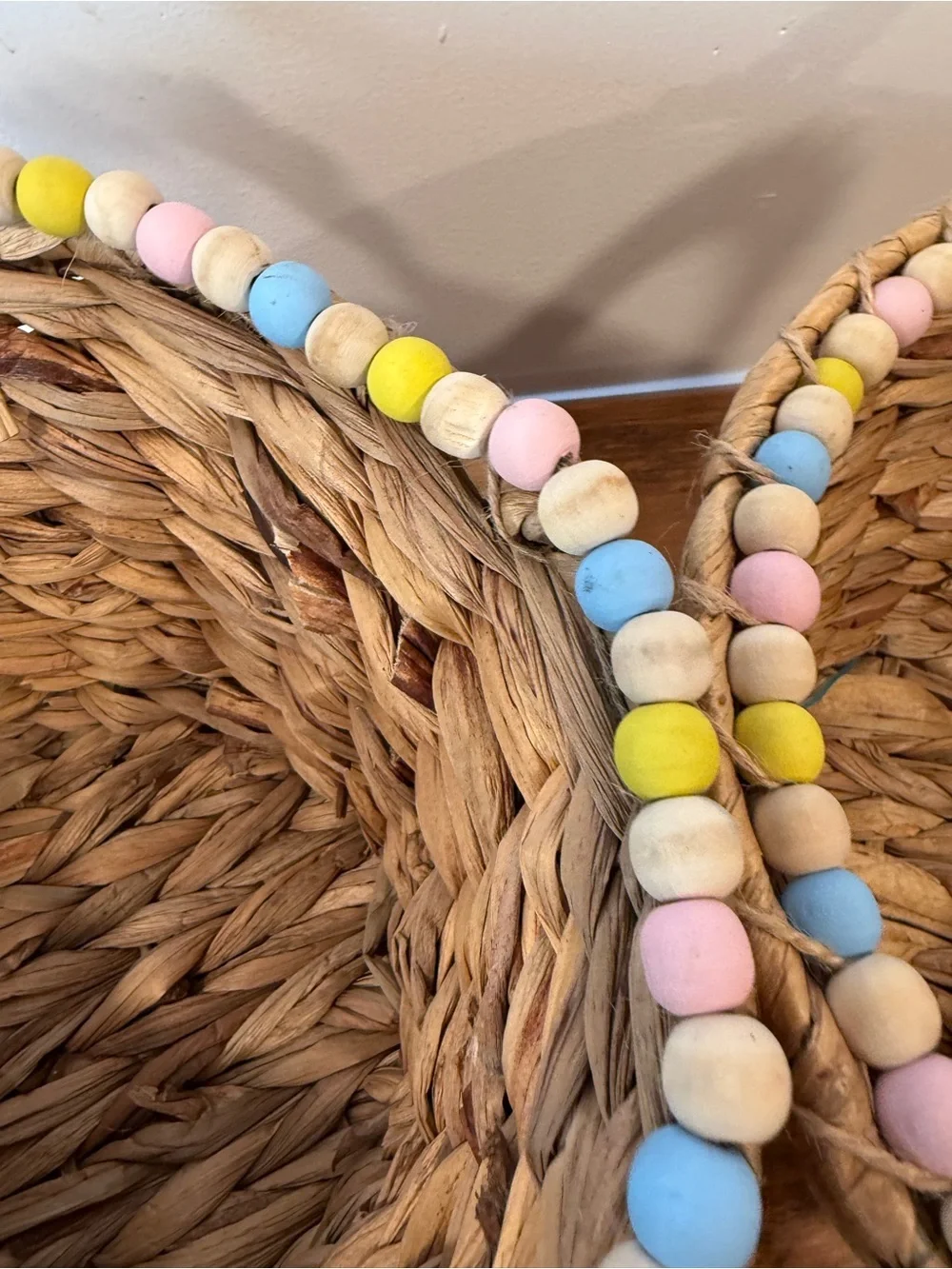 Woven Seagrass Basket Pair with Pastel Bead Trim